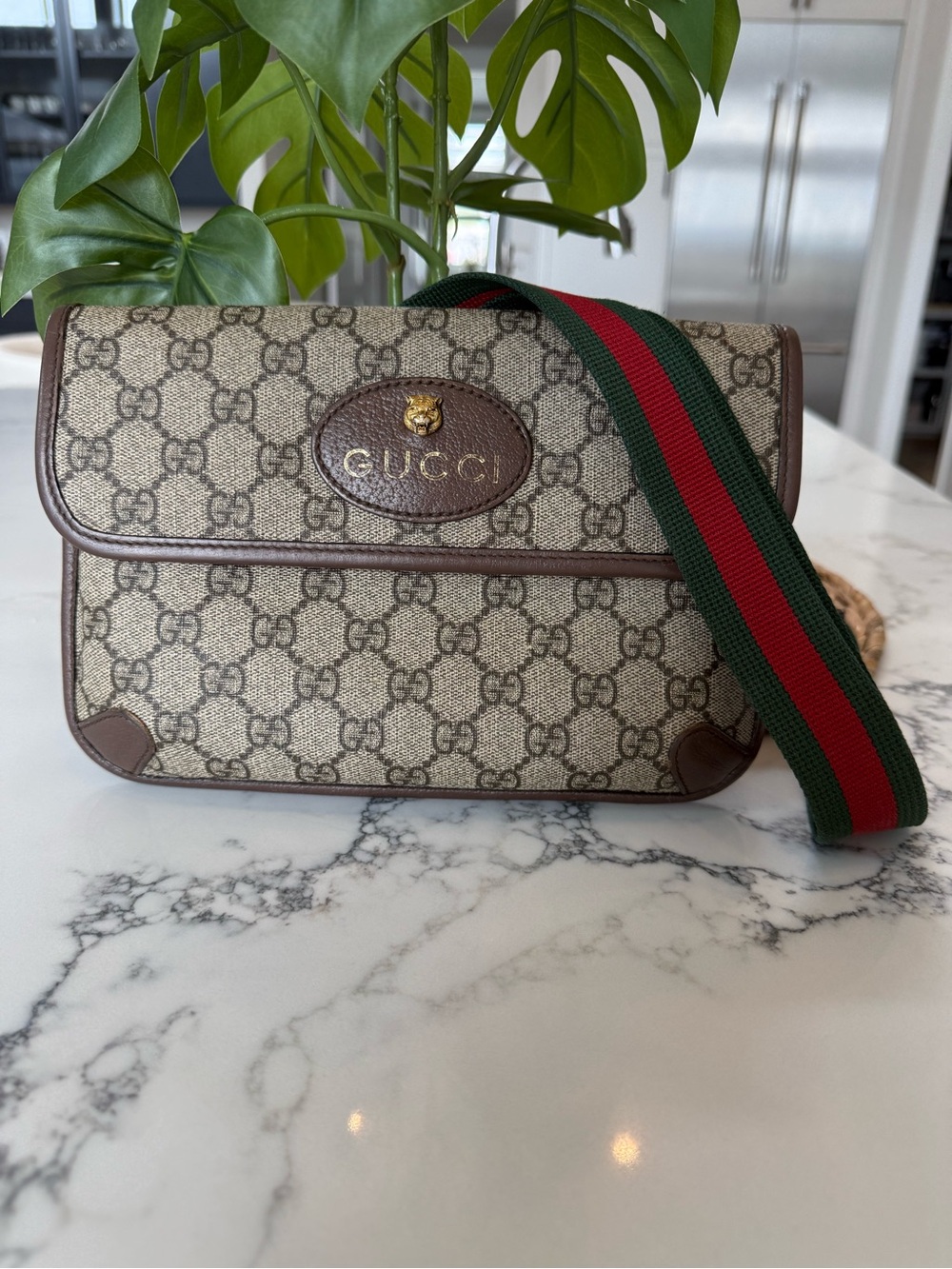 Gucci Neo Vintage GG Supreme Belt Bag Feline Head Web Strap